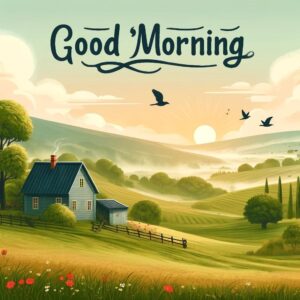  Peaceful countryside scene at dawn with 'Good Morning' text