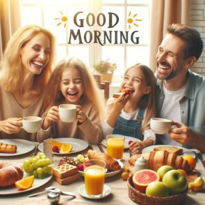 Happy family enjoying breakfast with 'Good Morning' text