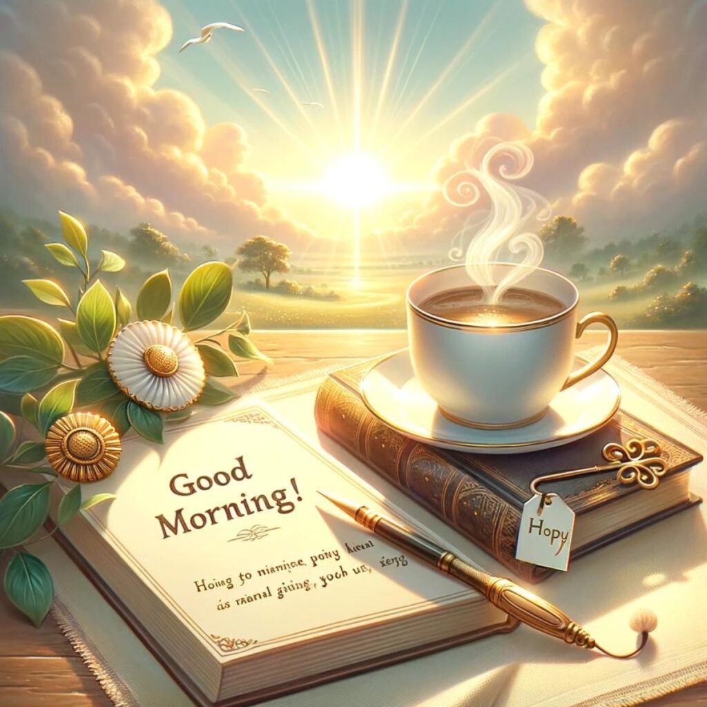 Bright and cheerful morning scene with a cup of coffee, an open book, a sunrise, and a note saying "Good Morning!" with a comforting prayer.