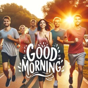 Friends jogging in the park with 'Good Morning' text