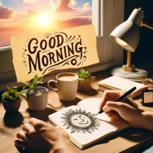 Person writing in a journal with coffee and 'Good Morning' text