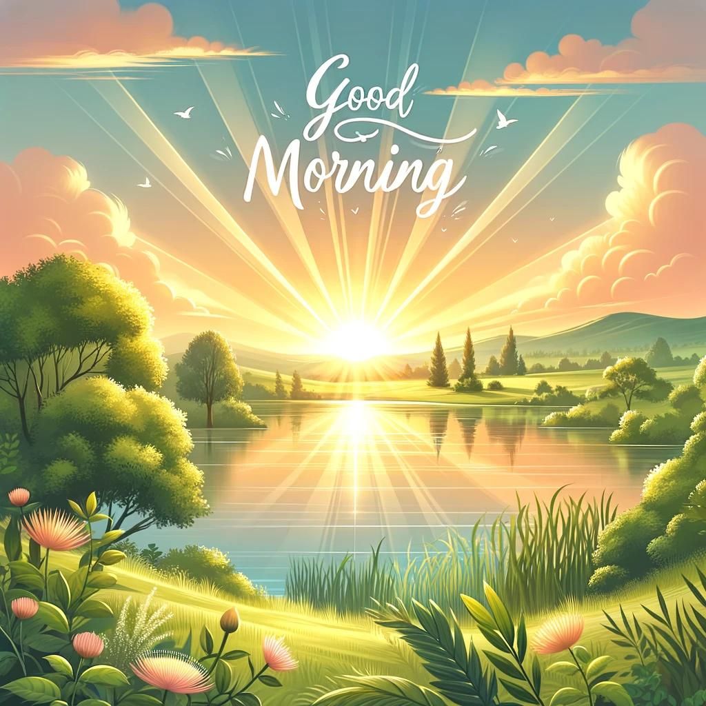 Bright and cheerful sunrise with 'Good Morning' text